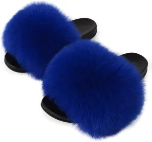 Real Fox Fur Slides Women Furry Fluffy Fur Slippers Open Toe Flat Slide Fur Sandals Outdoor Indoor