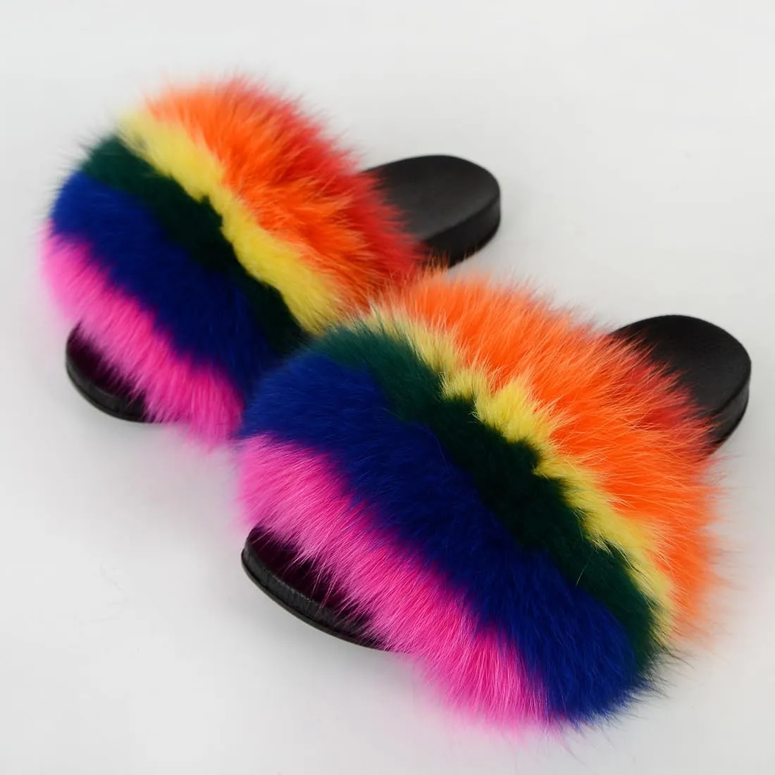 Real Fox Fur Slides Women Furry Fluffy Fur Slippers Open Toe Flat Slide Fur Sandals Outdoor Indoor