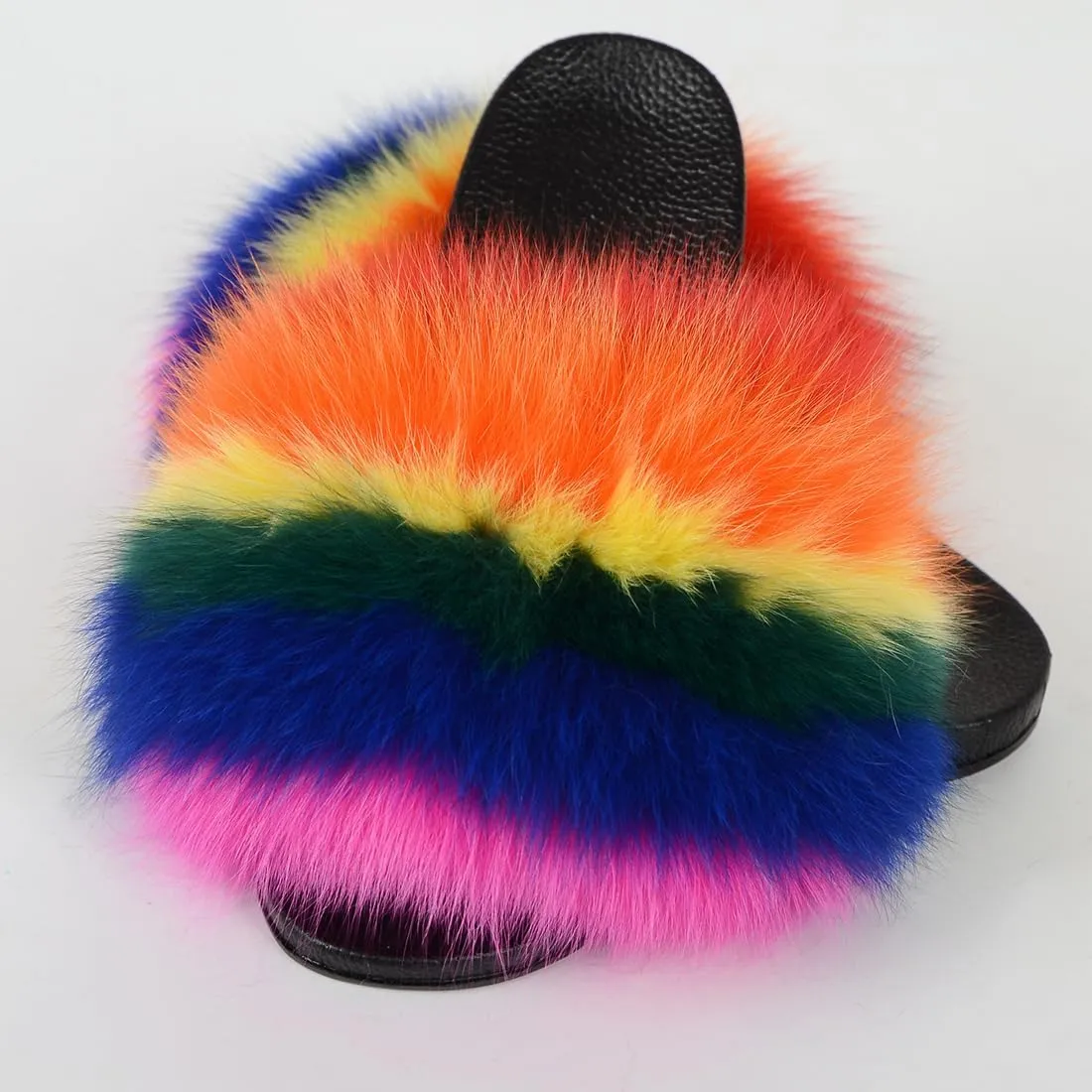 Real Fox Fur Slides Women Furry Fluffy Fur Slippers Open Toe Flat Slide Fur Sandals Outdoor Indoor