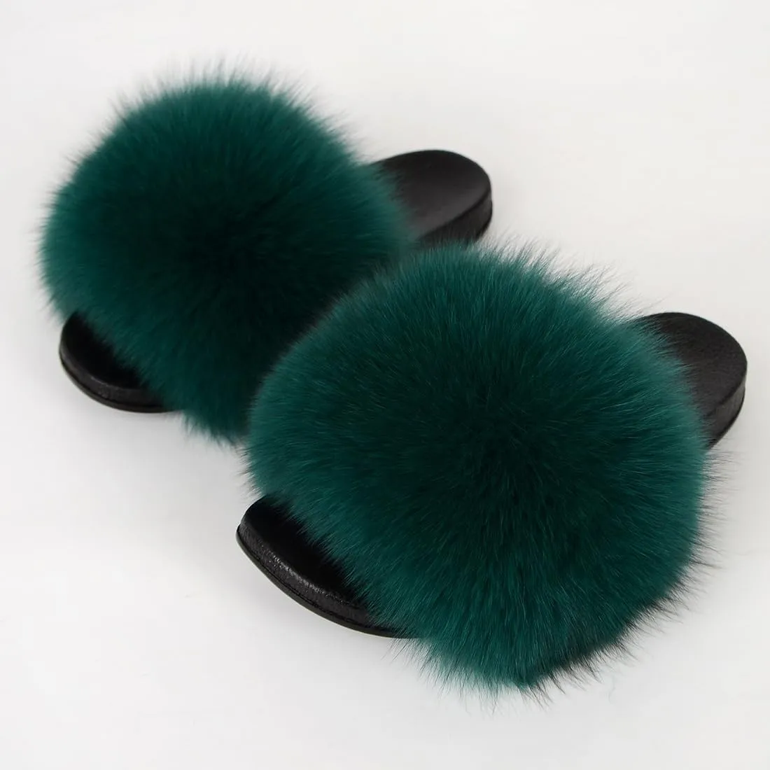Real Fox Fur Slides Women Furry Fluffy Fur Slippers Open Toe Flat Slide Fur Sandals Outdoor Indoor