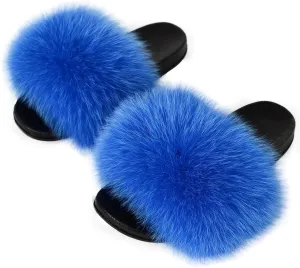 Real Fox Fur Slides Women Furry Fluffy Fur Slippers Open Toe Flat Slide Fur Sandals Outdoor Indoor