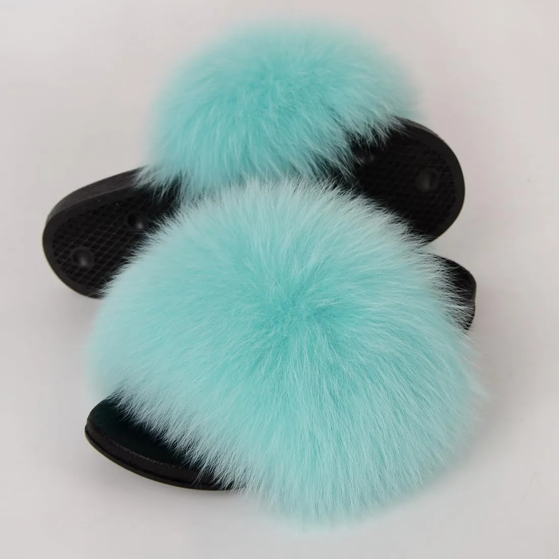 Real Fox Fur Slides Women Furry Fluffy Fur Slippers Open Toe Flat Slide Fur Sandals Outdoor Indoor