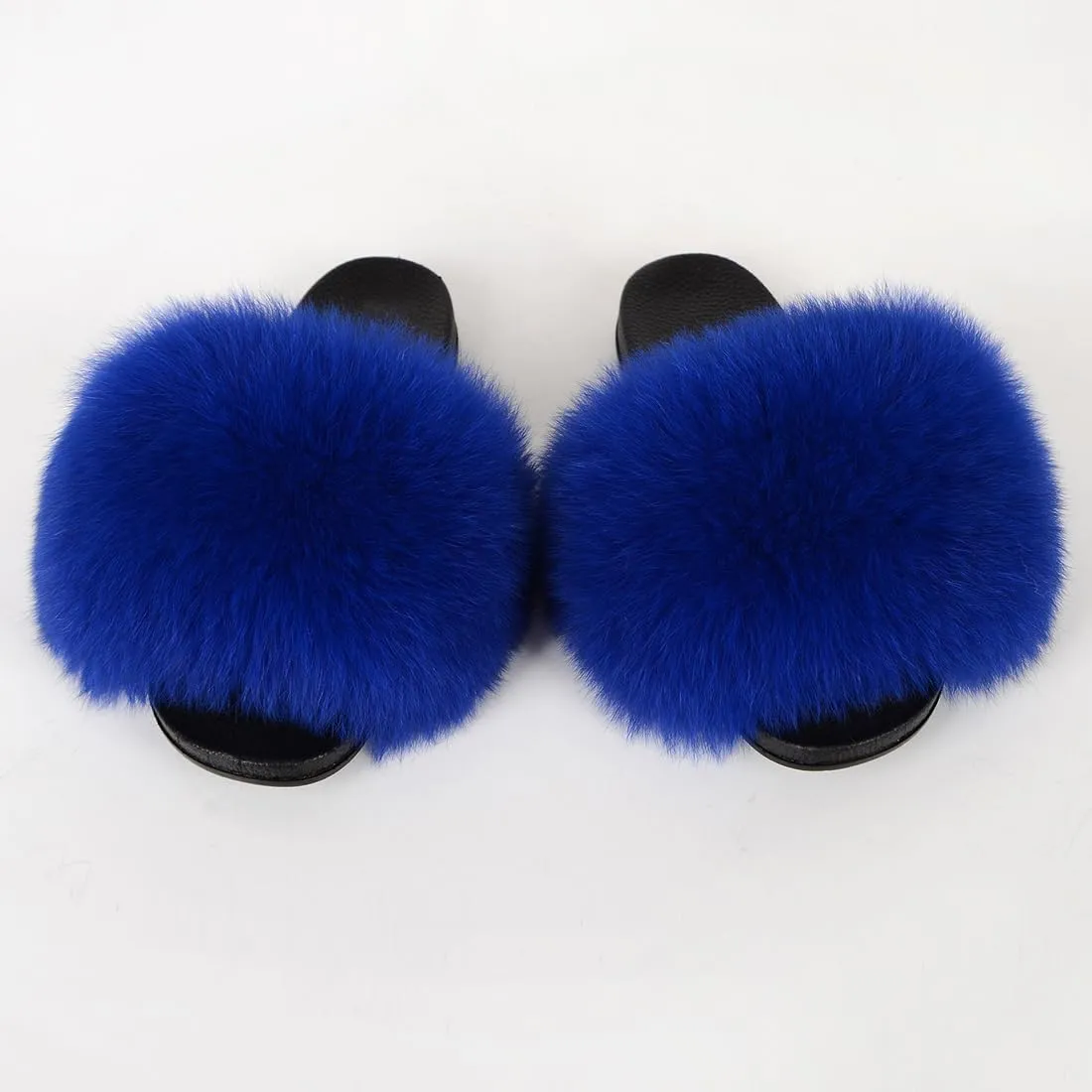 Real Fox Fur Slides Women Furry Fluffy Fur Slippers Open Toe Flat Slide Fur Sandals Outdoor Indoor