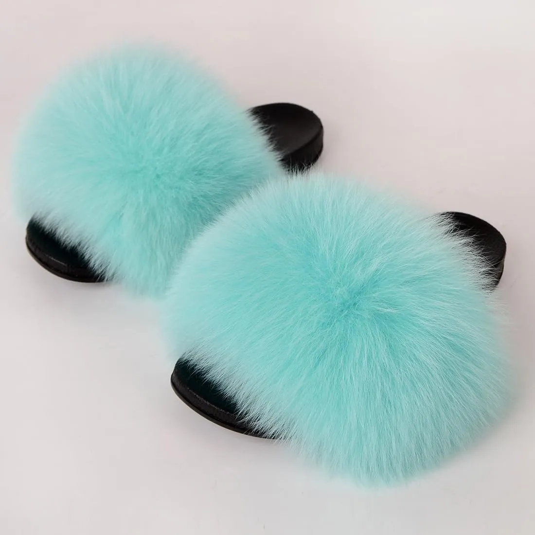 Real Fox Fur Slides Women Furry Fluffy Fur Slippers Open Toe Flat Slide Fur Sandals Outdoor Indoor