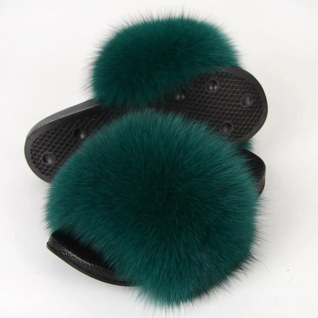 Real Fox Fur Slides Women Furry Fluffy Fur Slippers Open Toe Flat Slide Fur Sandals Outdoor Indoor