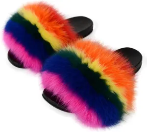 Real Fox Fur Slides Women Furry Fluffy Fur Slippers Open Toe Flat Slide Fur Sandals Outdoor Indoor