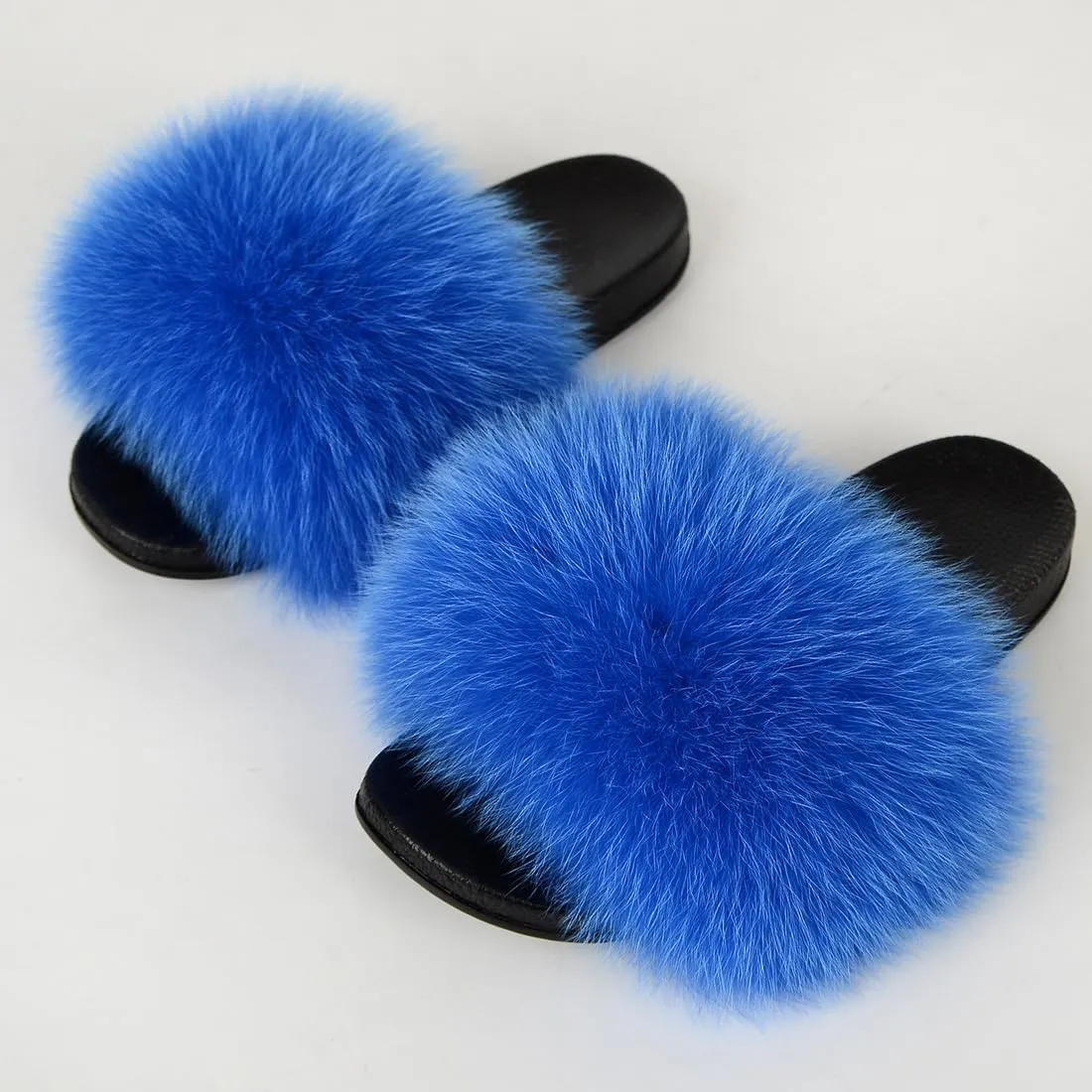 Real Fox Fur Slides Women Furry Fluffy Fur Slippers Open Toe Flat Slide Fur Sandals Outdoor Indoor