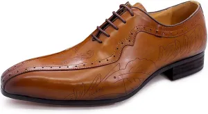 Santimon Men's Formal Dress Oxfords Genuine Leather Fashion Plaid Derby Tuxedo Business Casual Shoes for Men Brown 8.5 US