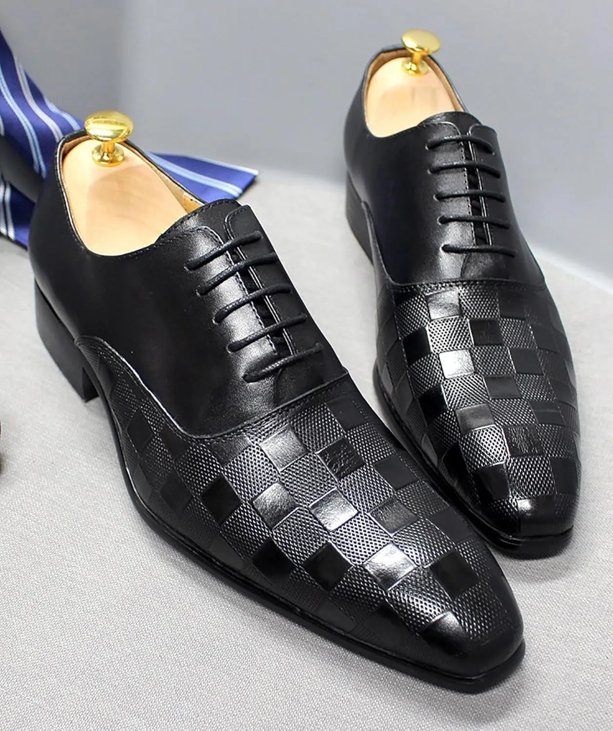Santimon Men's Formal Dress Oxfords Genuine Leather Fashion Plaid Oxfords Tuxedo Business Casual Shoes for Men