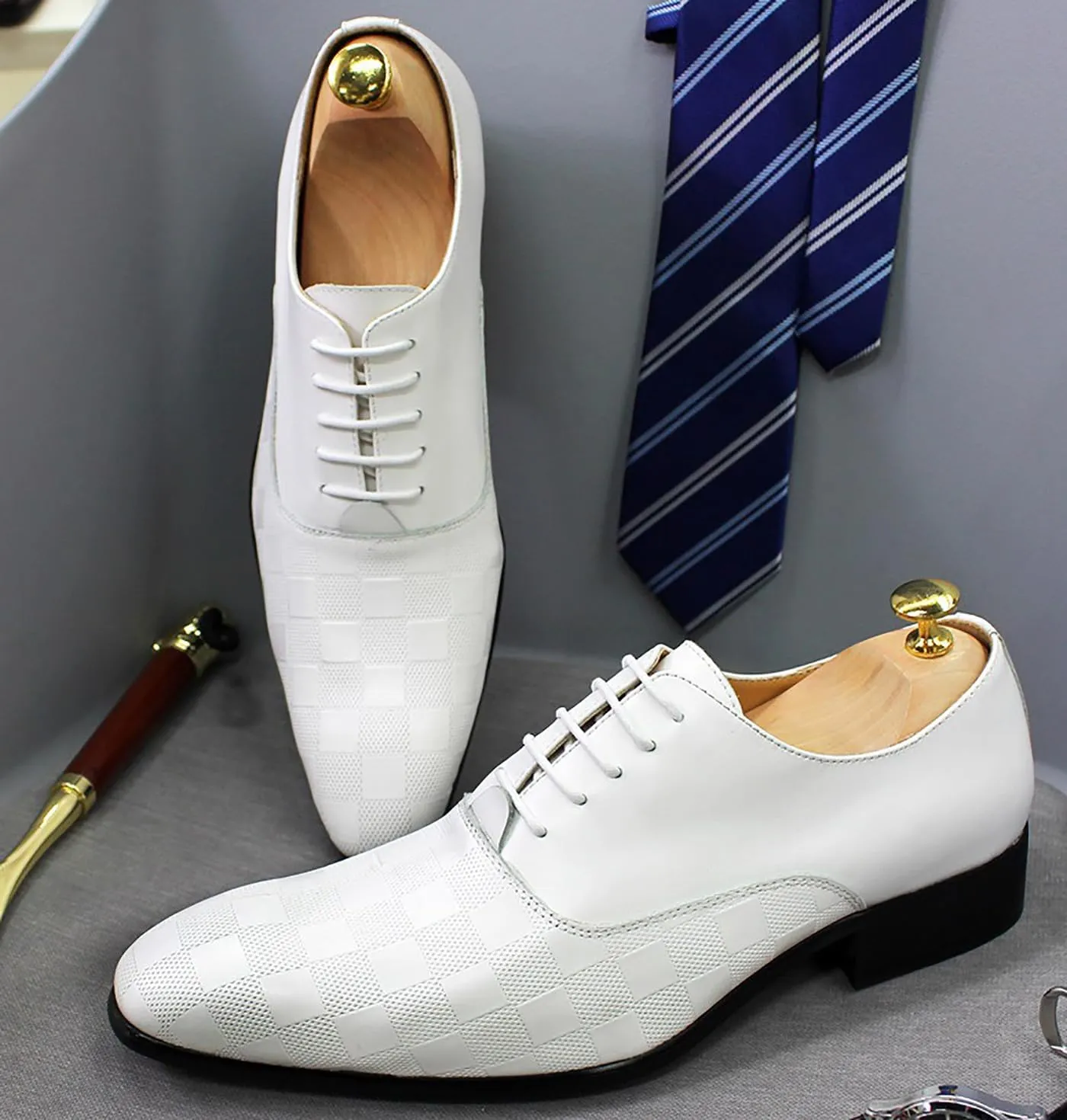 Santimon Men's Formal Dress Oxfords Genuine Leather Fashion Plaid Oxfords Tuxedo Business Casual Shoes for Men