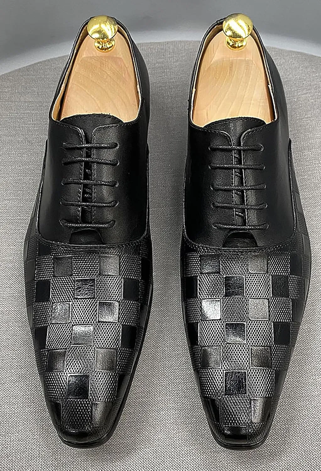 Santimon Men's Formal Dress Oxfords Genuine Leather Fashion Plaid Oxfords Tuxedo Business Casual Shoes for Men