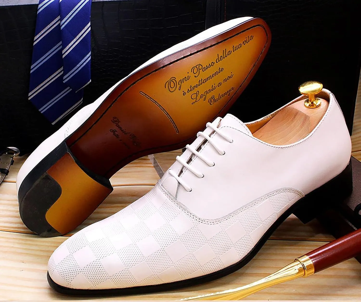 Santimon Men's Formal Dress Oxfords Genuine Leather Fashion Plaid Oxfords Tuxedo Business Casual Shoes for Men