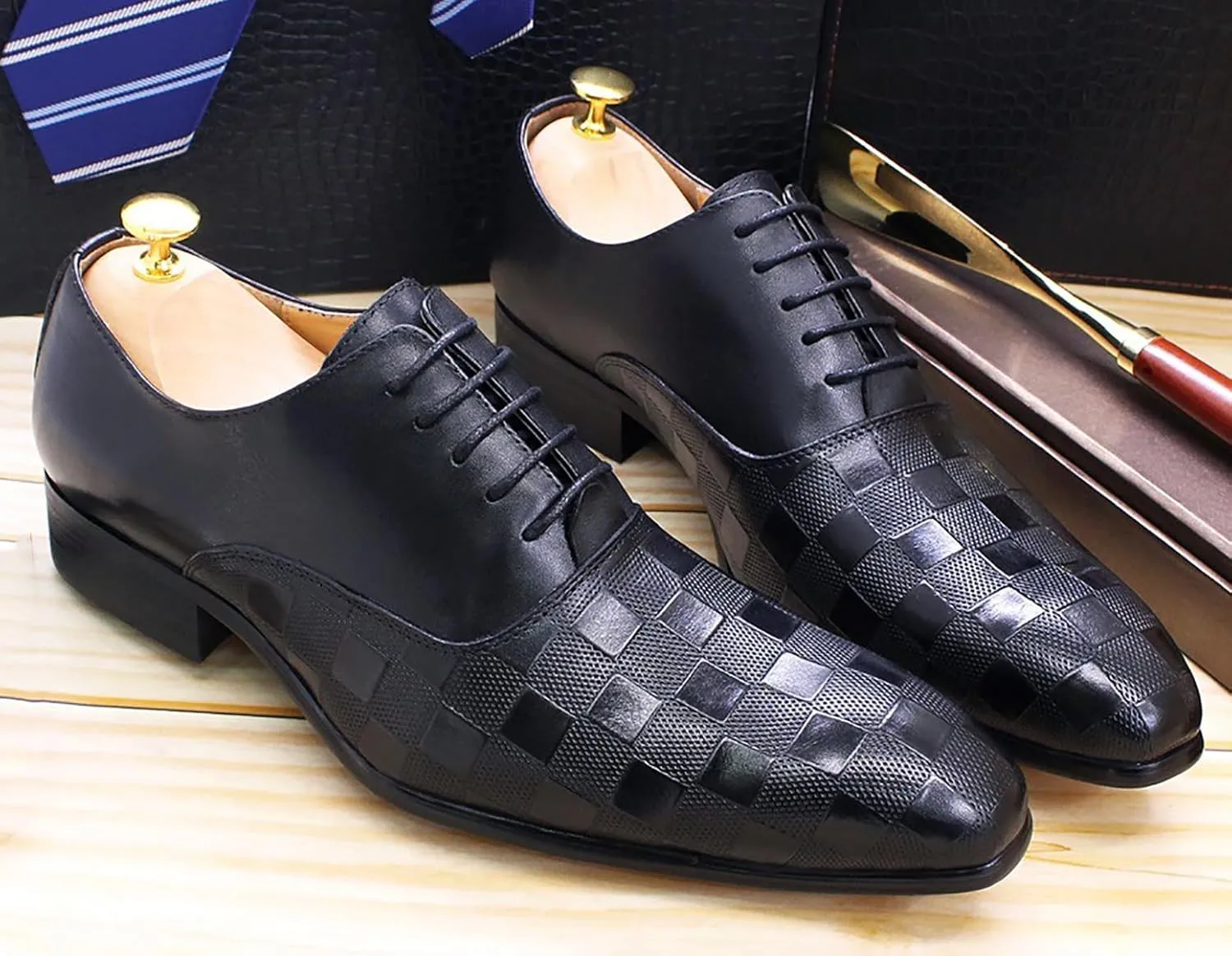 Santimon Men's Formal Dress Oxfords Genuine Leather Fashion Plaid Oxfords Tuxedo Business Casual Shoes for Men