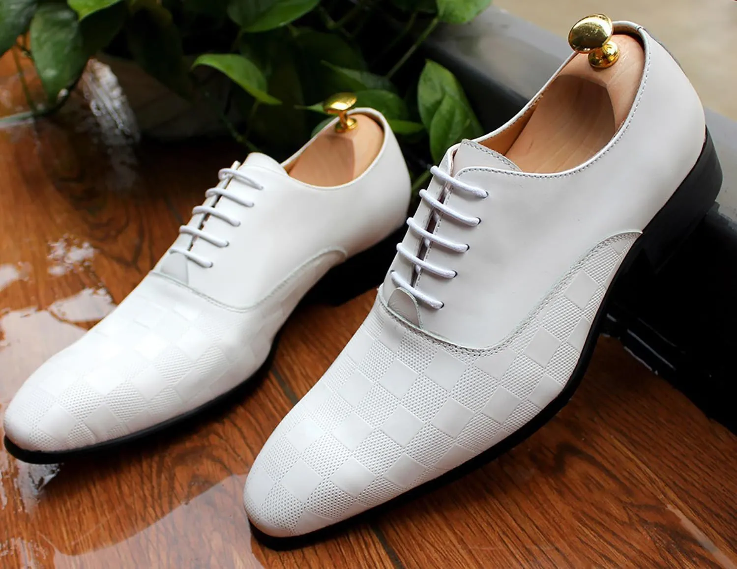 Santimon Men's Formal Dress Oxfords Genuine Leather Fashion Plaid Oxfords Tuxedo Business Casual Shoes for Men