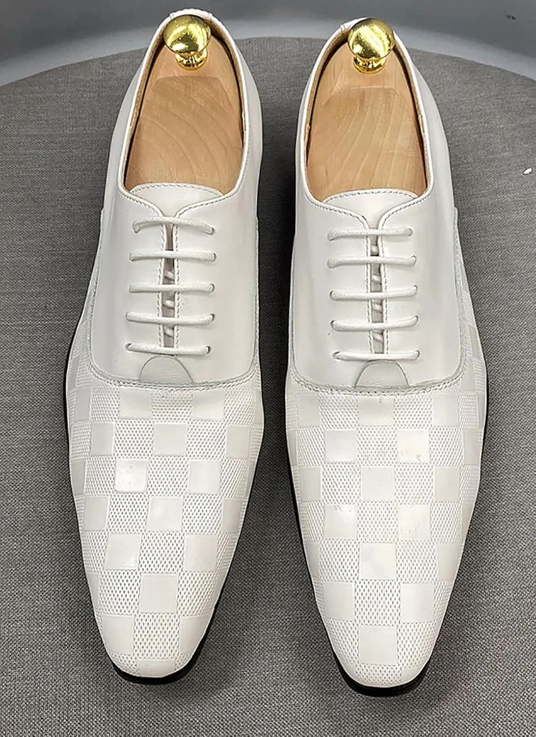 Santimon Men's Formal Dress Oxfords Genuine Leather Fashion Plaid Oxfords Tuxedo Business Casual Shoes for Men