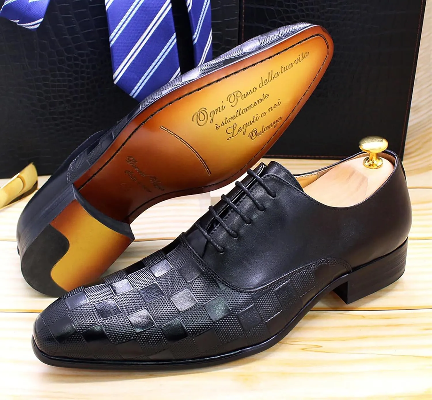 Santimon Men's Formal Dress Oxfords Genuine Leather Fashion Plaid Oxfords Tuxedo Business Casual Shoes for Men