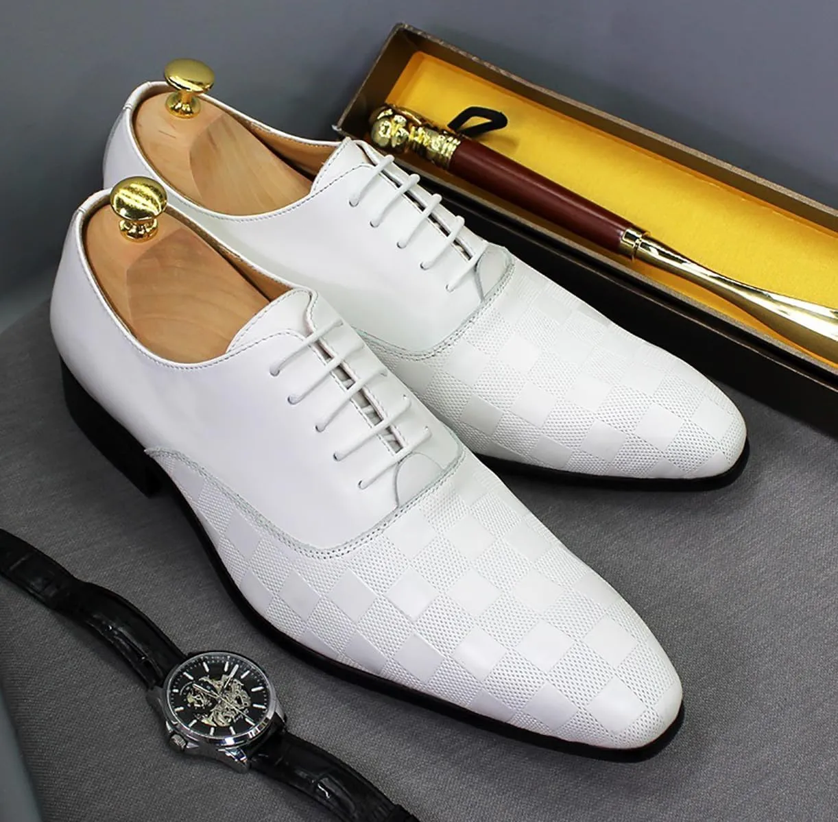 Santimon Men's Formal Dress Oxfords Genuine Leather Fashion Plaid Oxfords Tuxedo Business Casual Shoes for Men