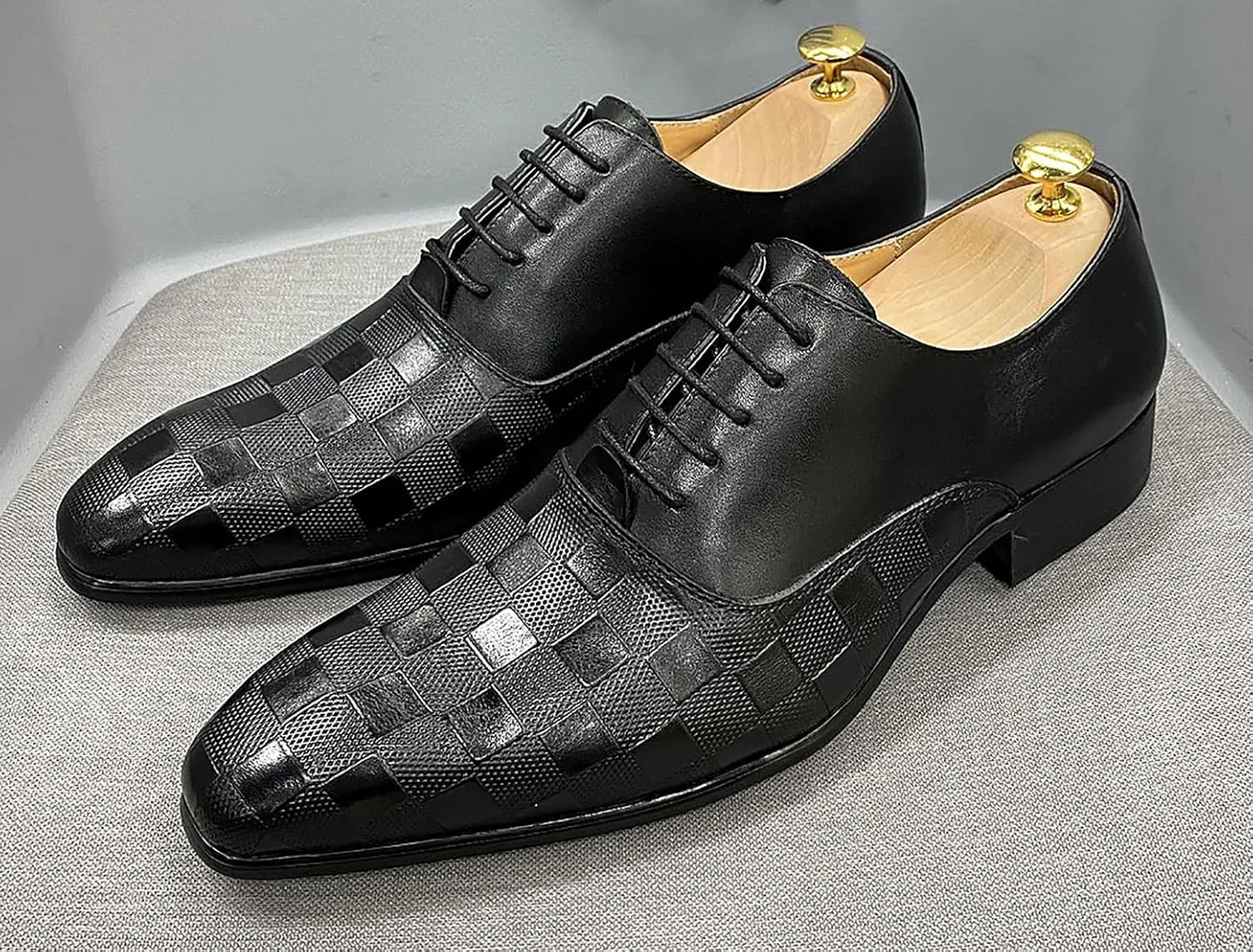 Santimon Men's Formal Dress Oxfords Genuine Leather Fashion Plaid Oxfords Tuxedo Business Casual Shoes for Men