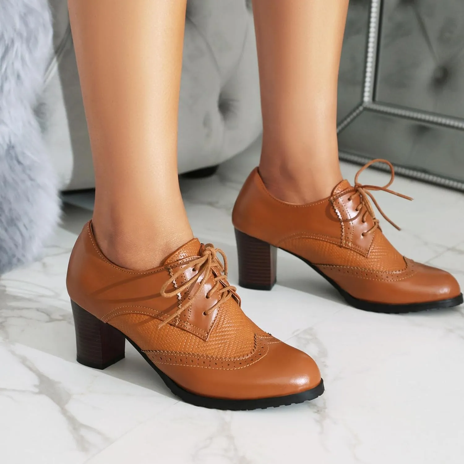 SHEMEE Women's Chunky High Heels Wingtip Oxfords Round Toe Lace Up Stacked Block Heel Vintage Brogues Pumps Shoes