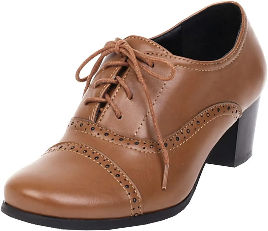 SHEMEE Women's Chunky Lace Up Vintage Oxfords Dress Pumps Round Toe Block Mid Heels Retro Brogues Shoes