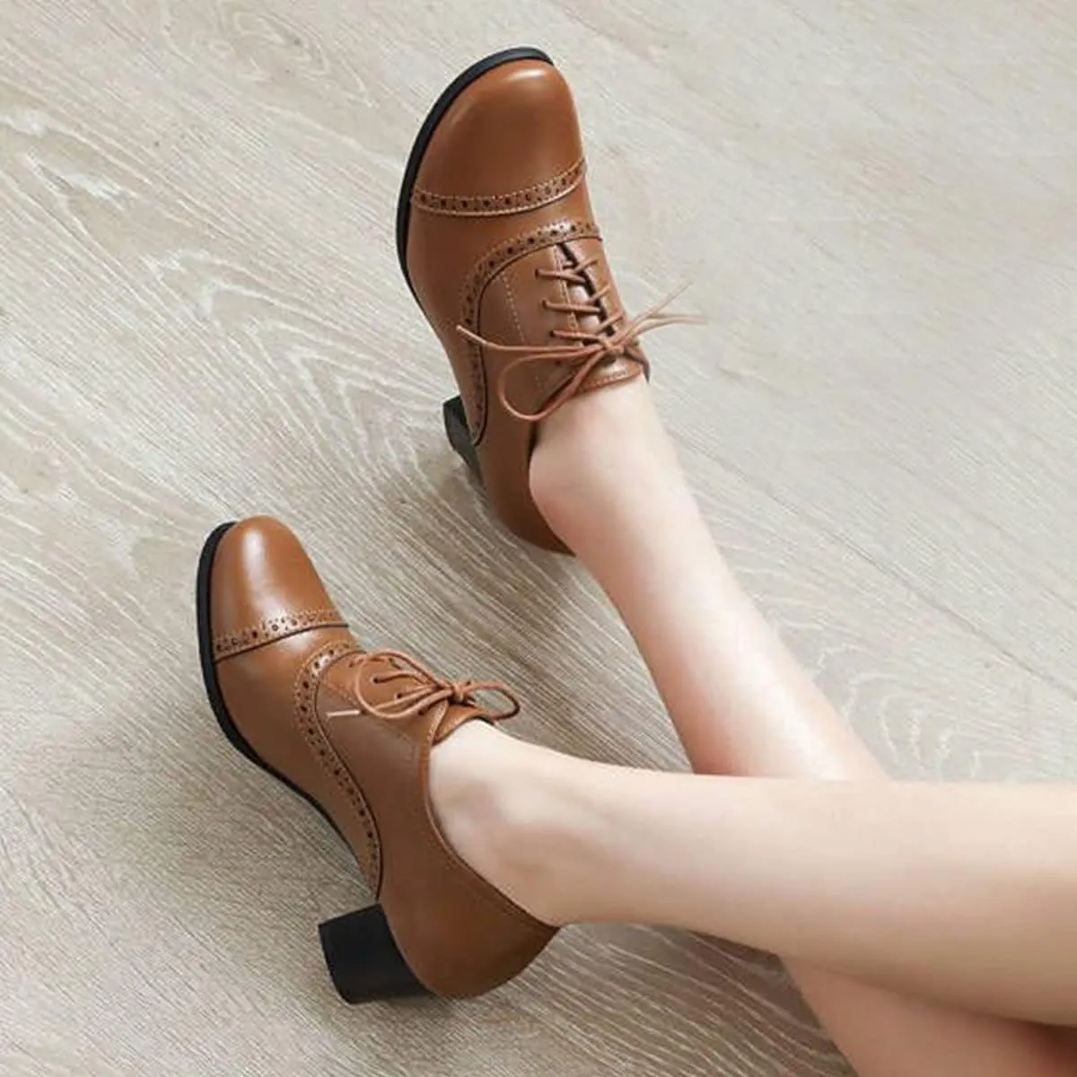 SHEMEE Women's Chunky Lace Up Vintage Oxfords Dress Pumps Round Toe Block Mid Heels Retro Brogues Shoes