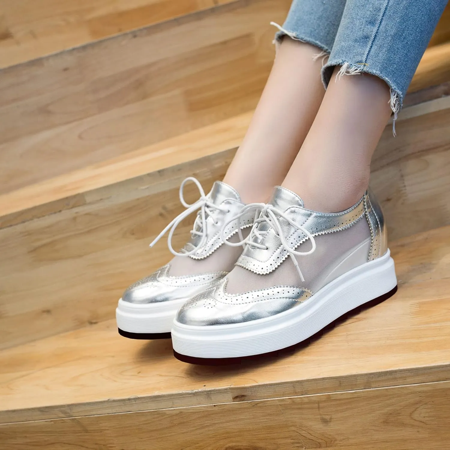 SHEMEE Women's Platform Hidden Wedge Lace Up Oxfords Pumps Wingtip High Heels Round Toe Mesh Brogues Sneaker Shoes
