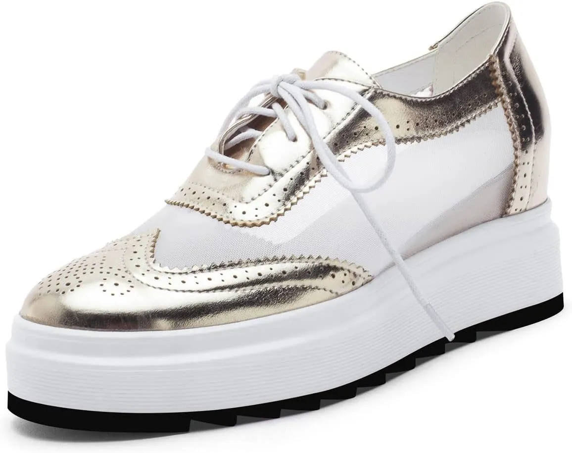 SHEMEE Women's Platform Hidden Wedge Lace Up Oxfords Pumps Wingtip High Heels Round Toe Mesh Brogues Sneaker Shoes