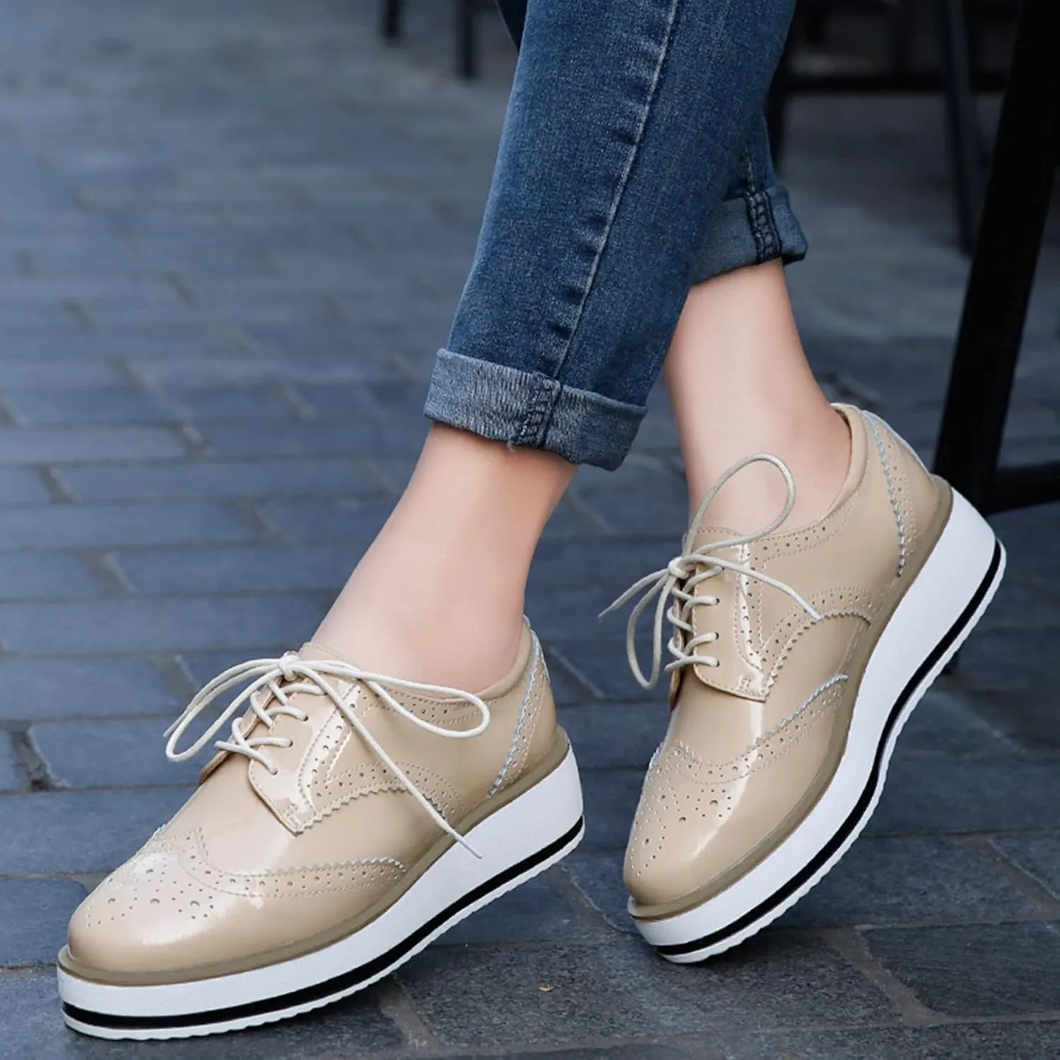 SHEMEE Women's Platform Low Heels Flat Lace Up Wingtip Oxfords Pumps Wedge Vintage Round Toe Brogues Dress Shoes