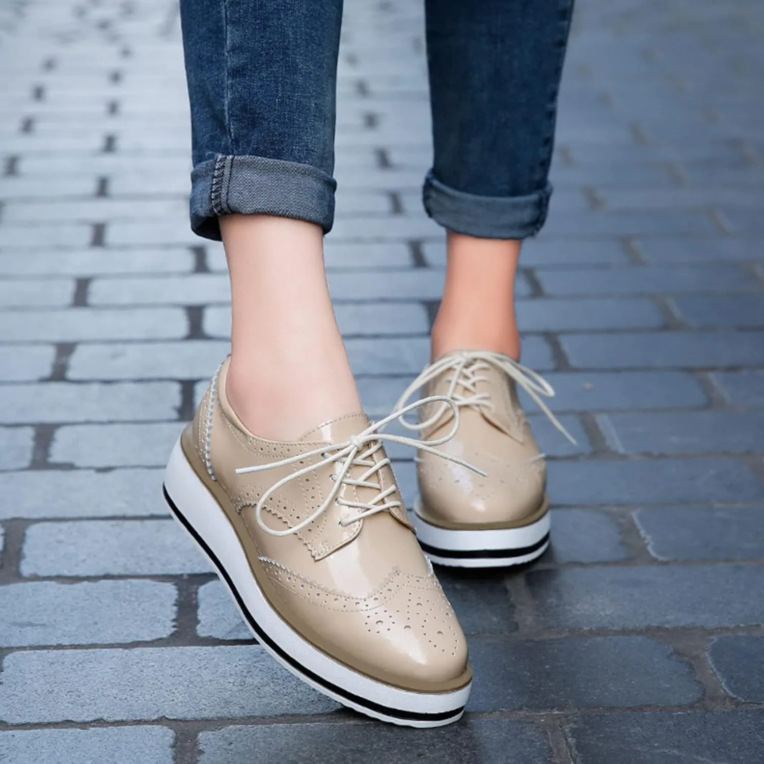 SHEMEE Women's Platform Low Heels Flat Lace Up Wingtip Oxfords Pumps Wedge Vintage Round Toe Brogues Dress Shoes