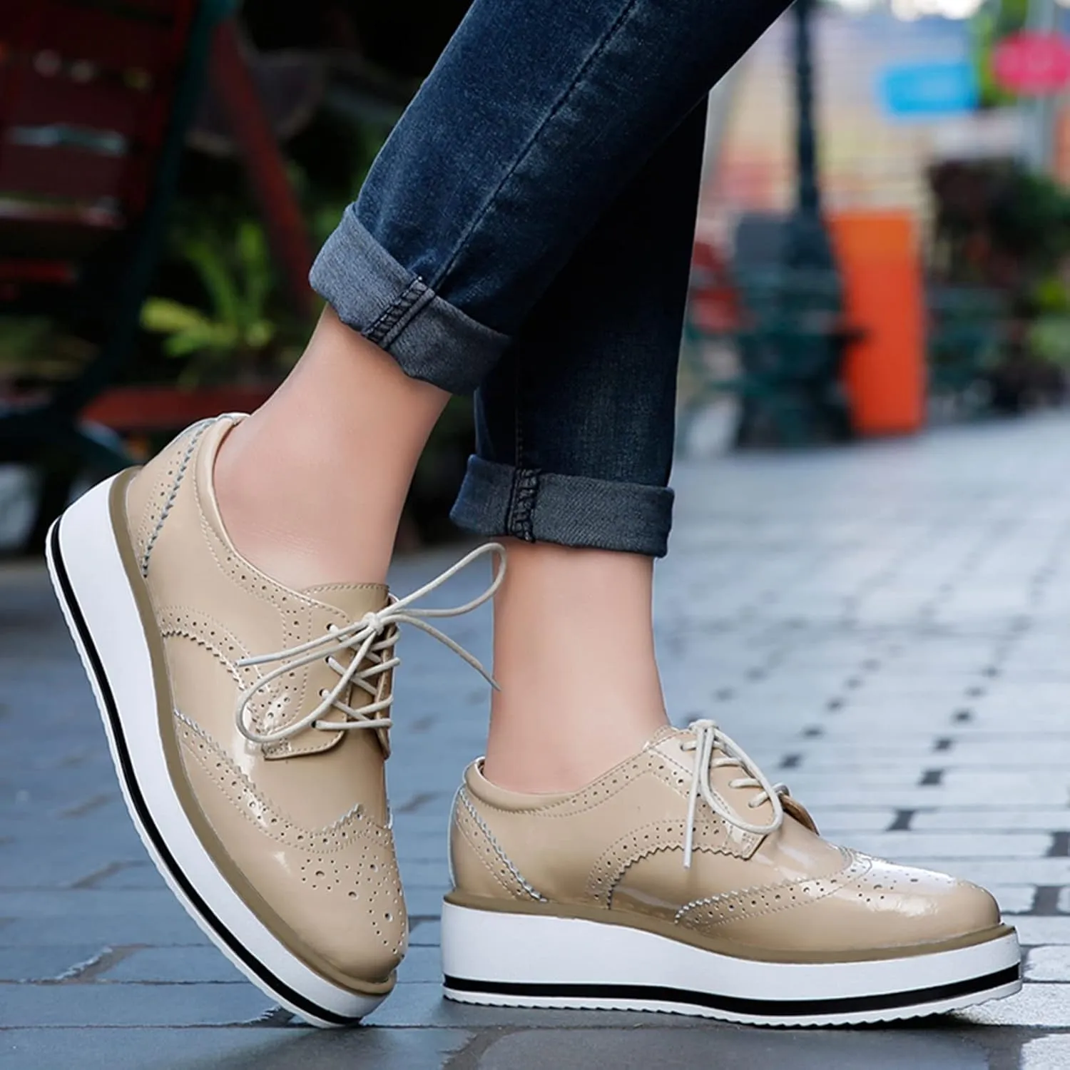 SHEMEE Women's Platform Low Heels Flat Lace Up Wingtip Oxfords Pumps Wedge Vintage Round Toe Brogues Dress Shoes