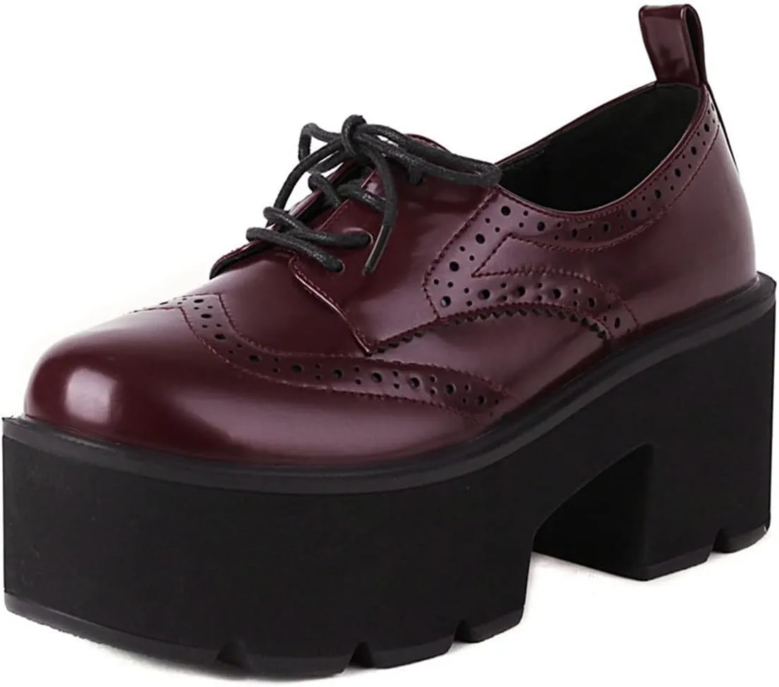 SHEMEE Women's Vintage Wingtip Oxfords Pumps Chunky Platform Block High Heel Round Toe Lace Up Gothic Brogue Shoes