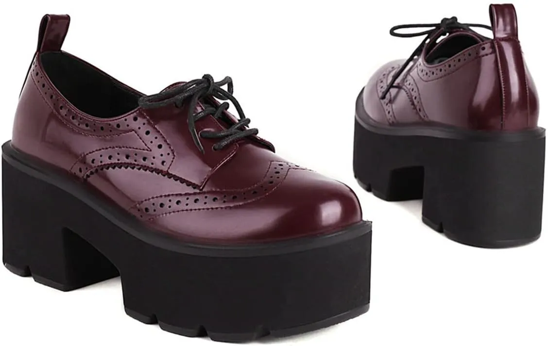 SHEMEE Women's Vintage Wingtip Oxfords Pumps Chunky Platform Block High Heel Round Toe Lace Up Gothic Brogue Shoes