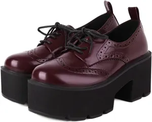 SHEMEE Women's Vintage Wingtip Oxfords Pumps Chunky Platform Block High Heel Round Toe Lace Up Gothic Brogue Shoes