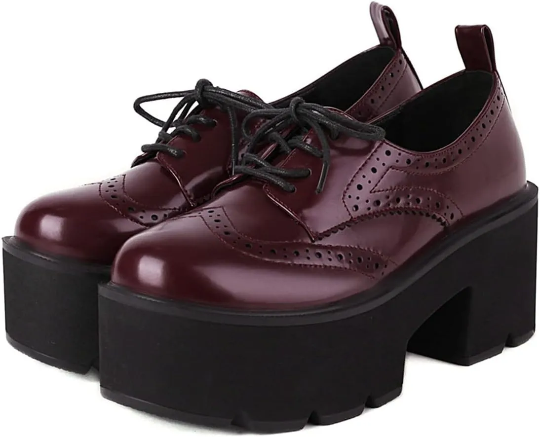 SHEMEE Women's Vintage Wingtip Oxfords Pumps Chunky Platform Block High Heel Round Toe Lace Up Gothic Brogue Shoes