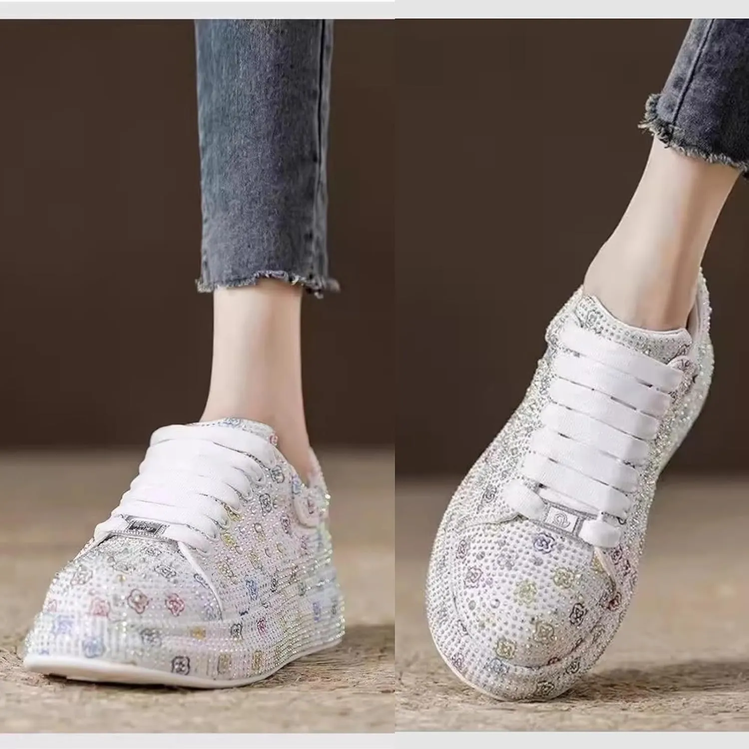 Shiny Sneakers for Women Sparkling Chunky Shoes Glitter Platform Sneakers Trendy Floral Walking Shoes