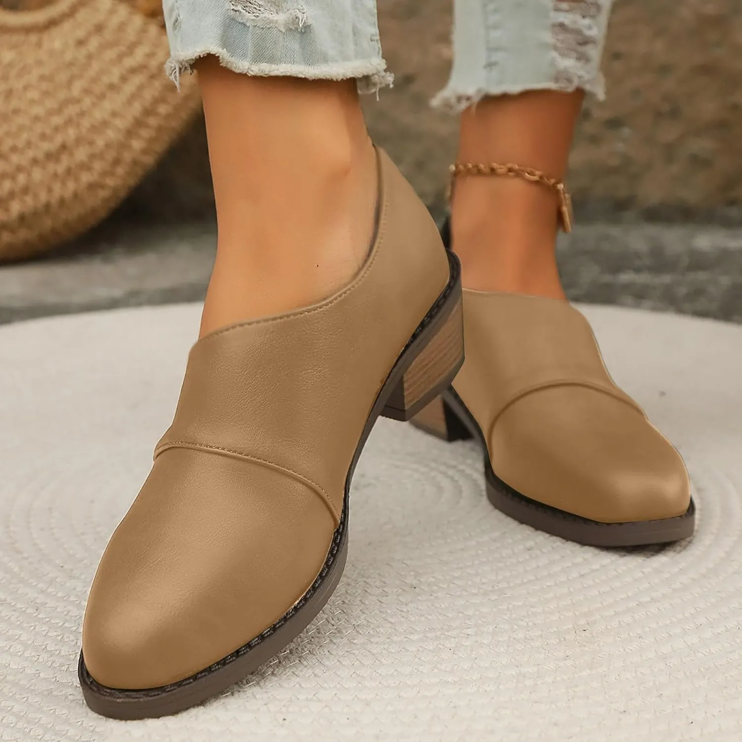 Slip On Women's Pumps Chunky Block Heels Pointed Toe Heels High Loafers Dress Work Shoes for Business