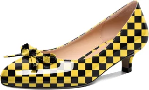 Soireelady Women Low Kitten Heels Round Toe Slip On Pumps Comfort Pumps Cute Bow Heels 1.5 Inch Patent Leather Dress Shoes
