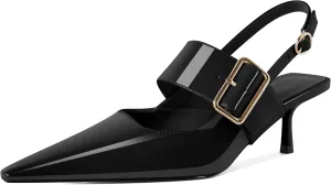 Soireelady Womens Pointed Toe Slingback Kitten Heels, Low Heels Buckle Strap Mary Jane Style 2.5 Inch Dress Pumps Shoes