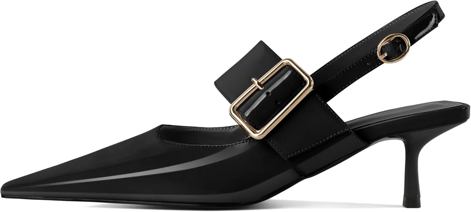 Soireelady Womens Pointed Toe Slingback Kitten Heels, Low Heels Buckle Strap Mary Jane Style 2.5 Inch Dress Pumps Shoes