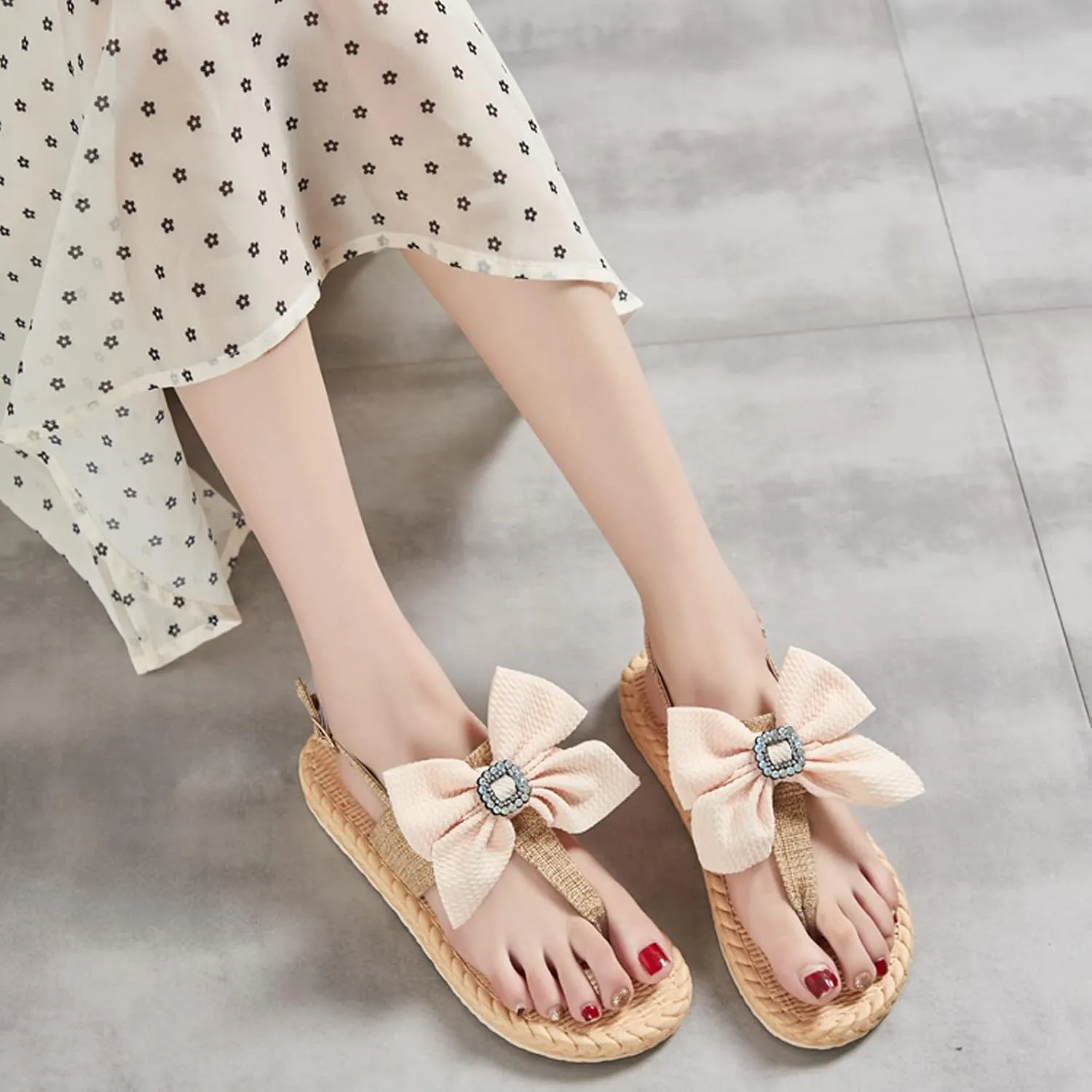 Summer Bow Sandals Flat Weave Toe Slip On Shoes Slippers Women's Breathable Beach Most Comfortable Slippers for Women (Green, 7.5)
