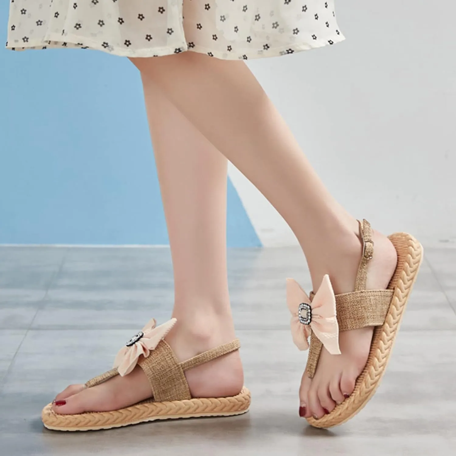 Summer Bow Sandals Flat Weave Toe Slip On Shoes Slippers Women's Breathable Beach Most Comfortable Slippers for Women (Green, 7.5)