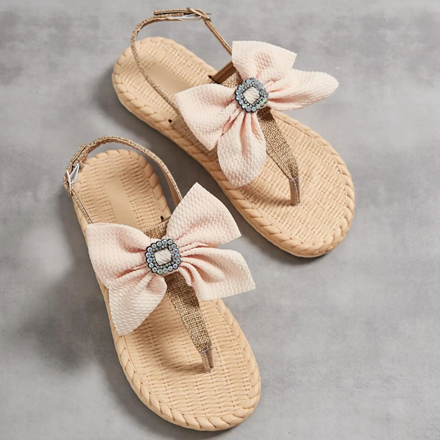 Summer Bow Sandals Flat Weave Toe Slip On Shoes Slippers Women's Breathable Beach Most Comfortable Slippers for Women (Green, 7.5)