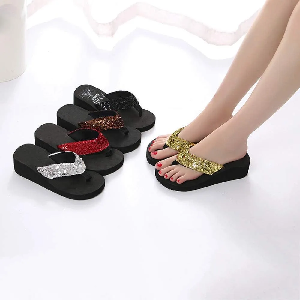 Summer Women's Sequins Anti-Slip Flip flops Wedges Platform Sandals Indoor Outdoor Heighten Slipper