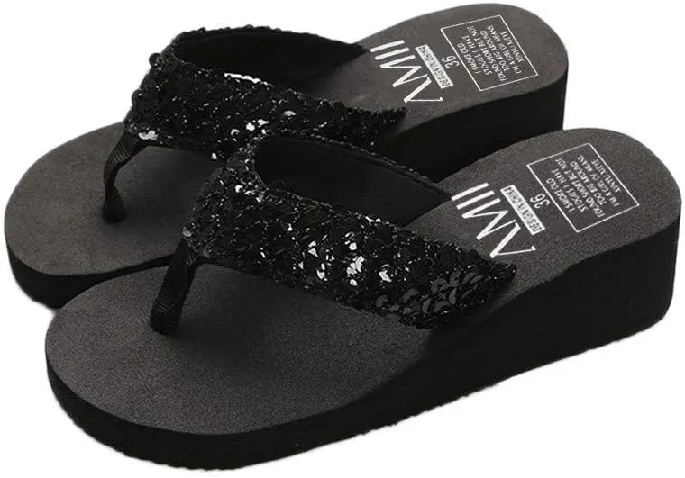Summer Women's Sequins Anti-Slip Flip flops Wedges Platform Sandals Indoor Outdoor Heighten Slipper