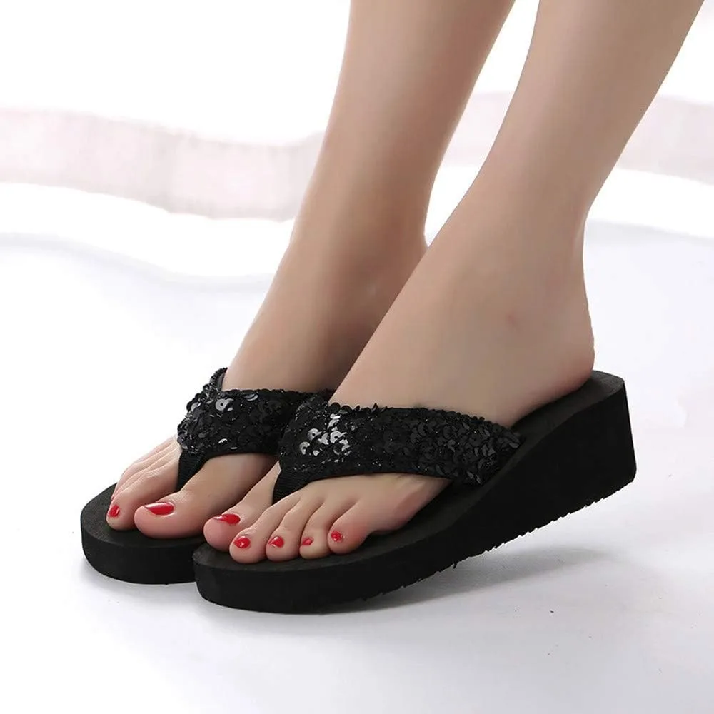 Summer Women's Sequins Anti-Slip Flip flops Wedges Platform Sandals Indoor Outdoor Heighten Slipper