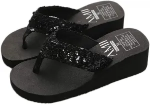 Summer Women's Sequins Anti-Slip Flip flops Wedges Platform Sandals Indoor Outdoor Heighten Slipper