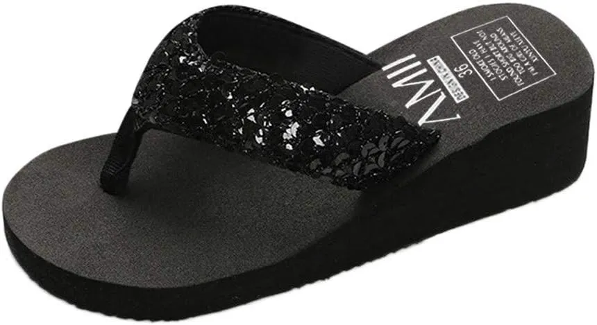Summer Women's Sequins Anti-Slip Flip flops Wedges Platform Sandals Indoor Outdoor Heighten Slipper