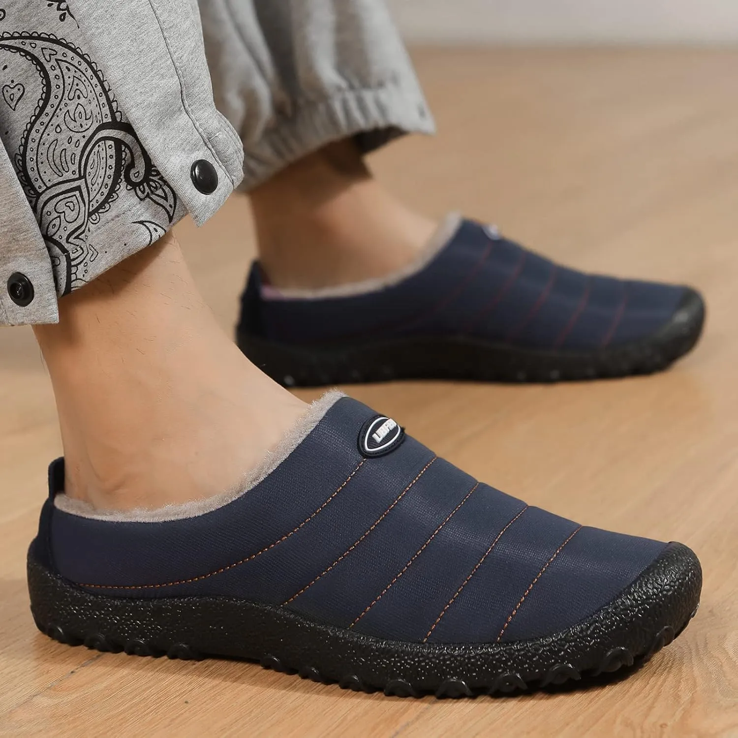 UBFEN Mens Womens Winter Warm Slippers with Fuzzy Plush Lining Slip on House Shoes Indoor Outdoor Anti-Skid Rubber Sole