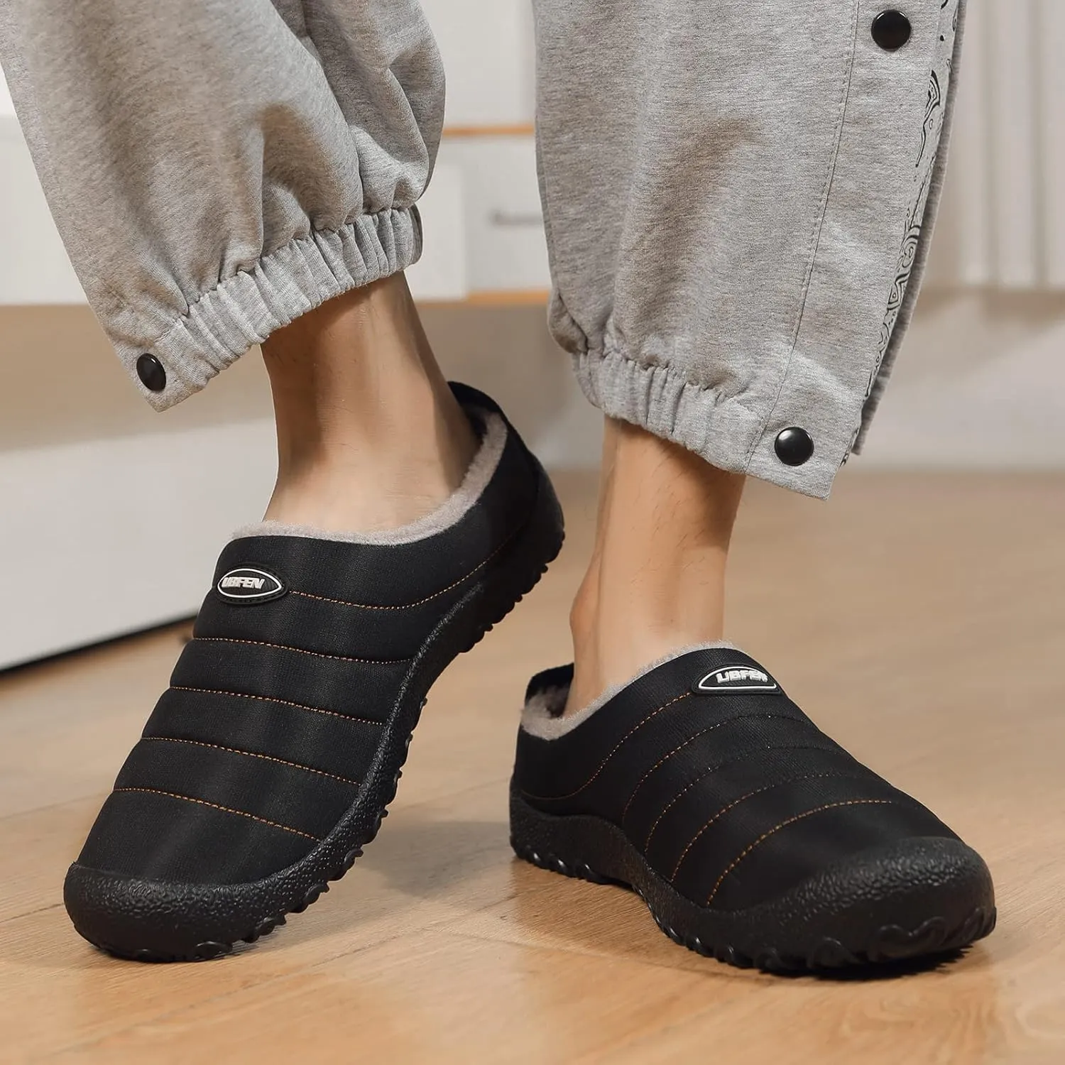 UBFEN Mens Womens Winter Warm Slippers with Fuzzy Plush Lining Slip on House Shoes Indoor Outdoor Anti-Skid Rubber Sole