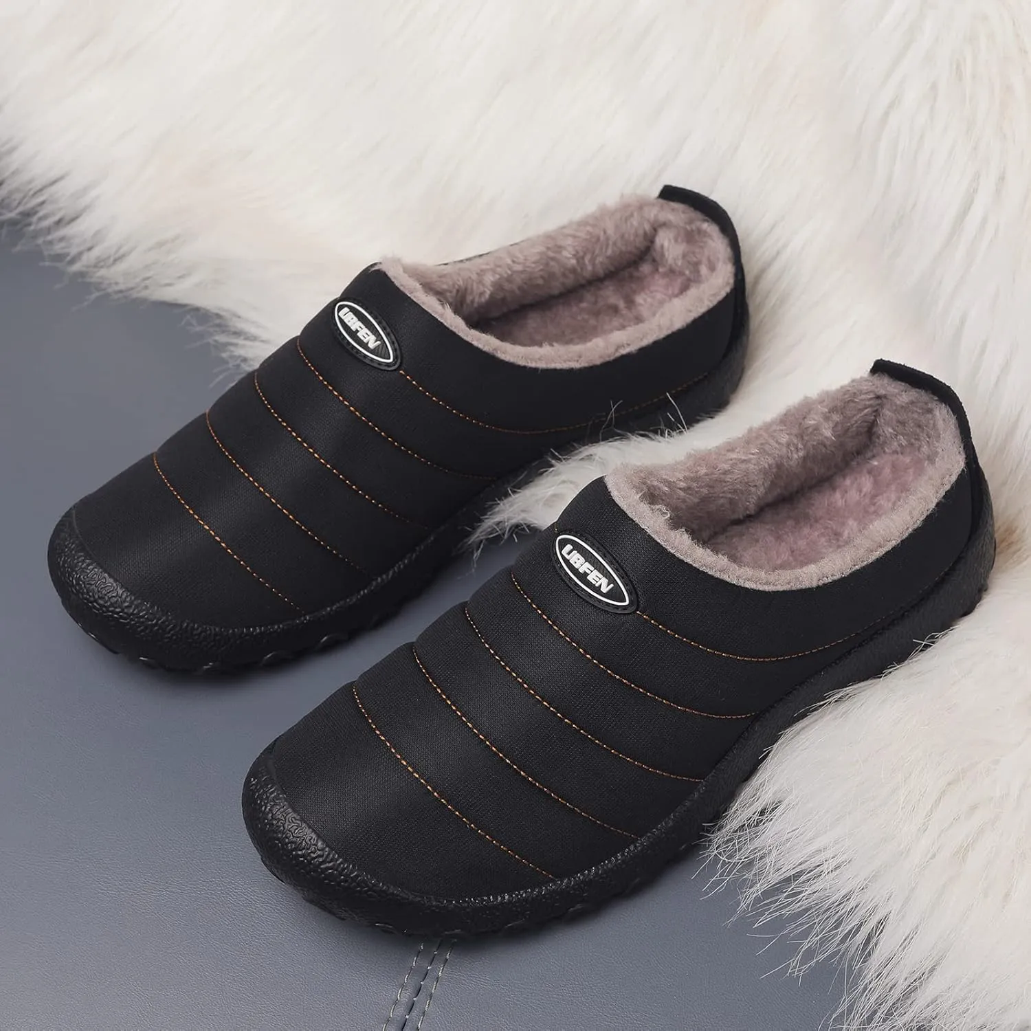 UBFEN Mens Womens Winter Warm Slippers with Fuzzy Plush Lining Slip on House Shoes Indoor Outdoor Anti-Skid Rubber Sole